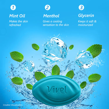 Vivel Cool Mint, Soft Fresh Skin Soap, 600g (150g - Pack of 4), Soap for Women & Men for Soft, Glowing & Moisurised Skin, All Skin Types
